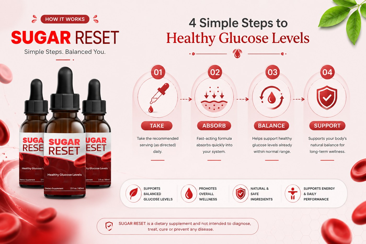 Sugar Reset four-step how it works: take, absorb, balance, support